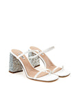 Miu Miu White Silk Glitter Block Heel Shoes