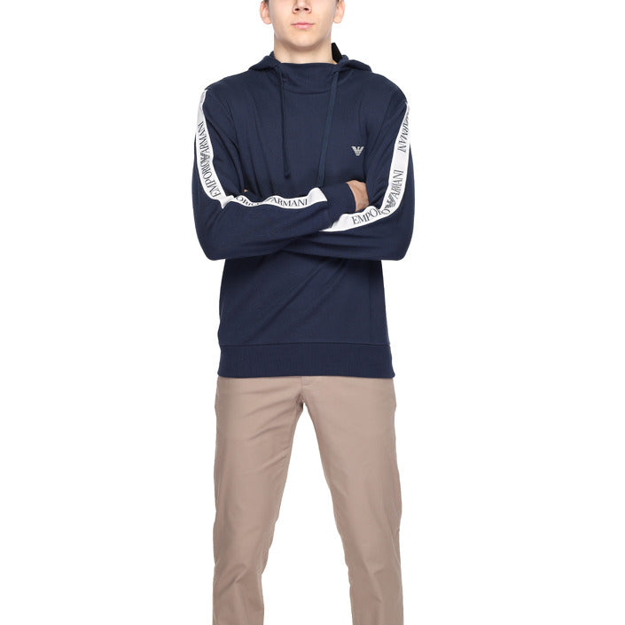 Emporio Armani Logo Cotton-Blend Athleisure Hooded Pullover - Navy Blue
