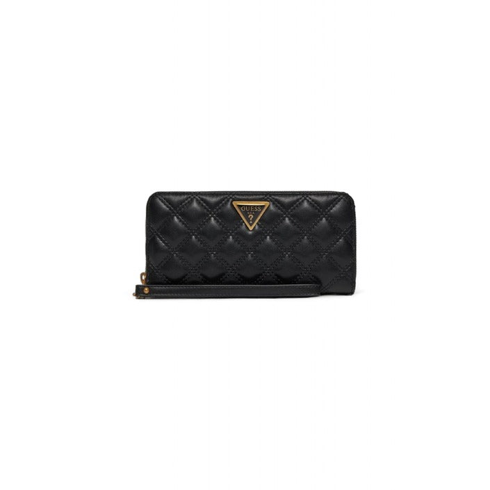 Guess Logo Badge Black Vegan Leather Quilted Zip Clutch Purse