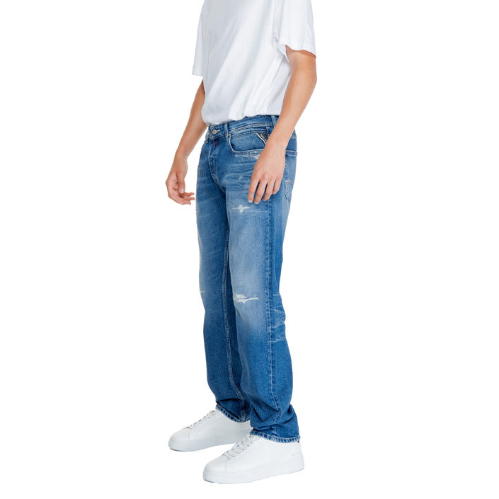 Replay Logo Distressed Ripped Light Wash Regular Fit Jeans