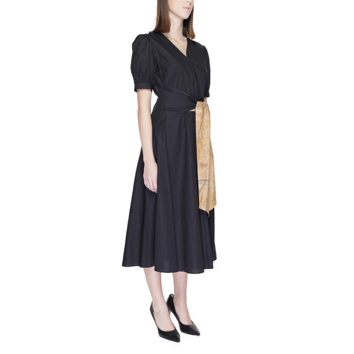 Alviero Martini Prima Classe 100% Cotton Black Midi Dress With Puff Sleeve