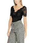 Morgan De Toi Black Lace Sheer Deep V-Neck Short Sleeve Top