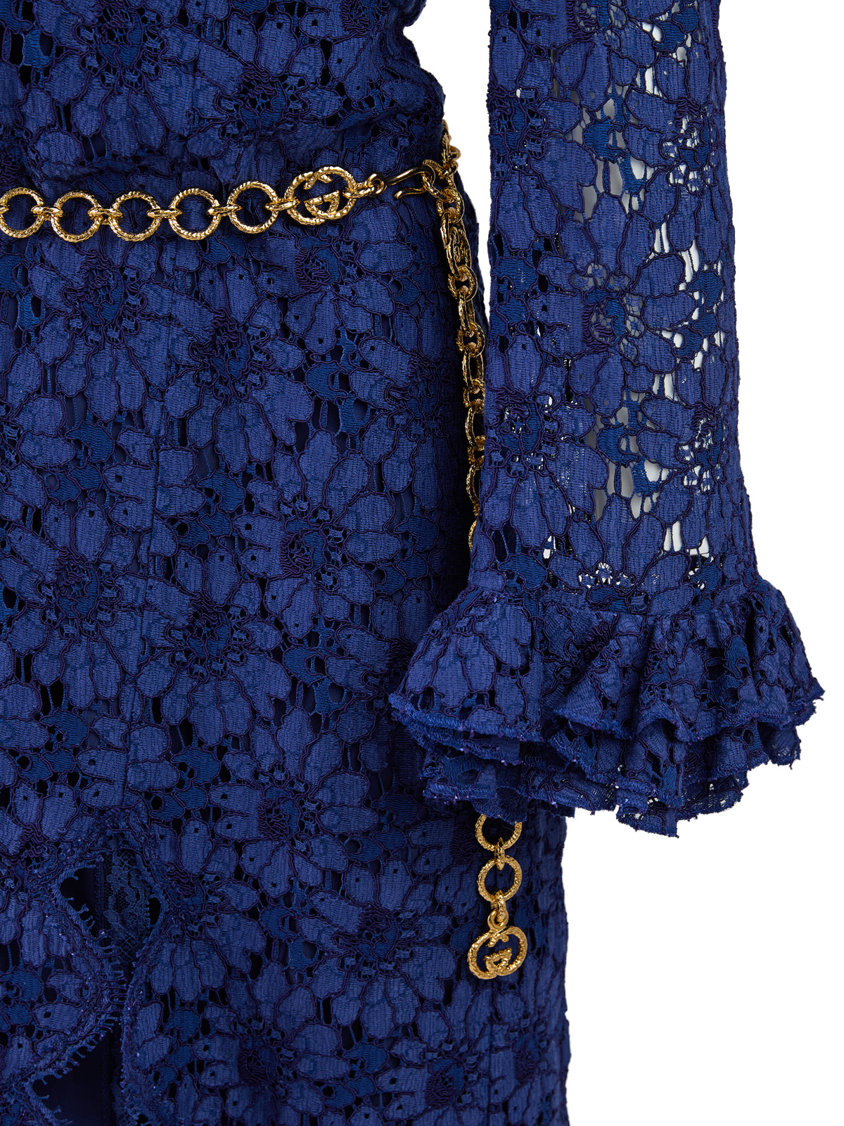 Gucci Floral Lace Midi Dress With Gold Belt