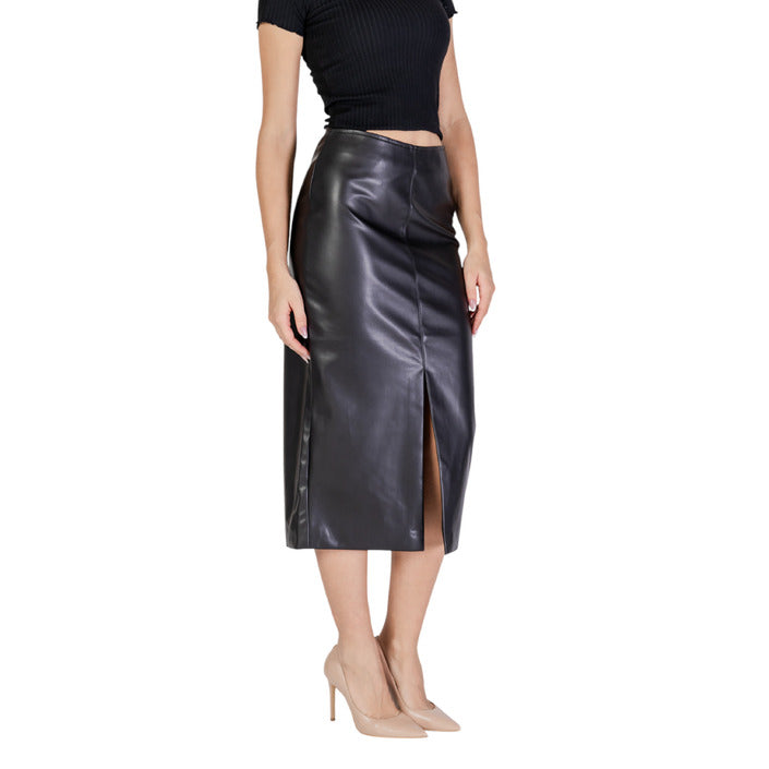 Ichi Black Midi Skirt Front Slit Leather-Look