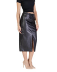 Ichi Black Midi Skirt Front Slit Leather-Look