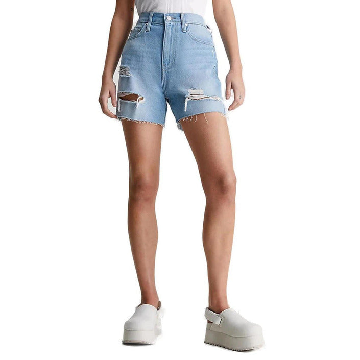 Calvin Klein Jeans Logo Light Wash Ripped & Distressed Raw Hem Denim Shorts