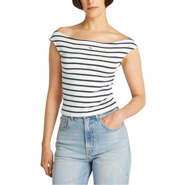 Tommy Hilfiger Jeans  Logo Stripe Off Shoulder Cotton Top