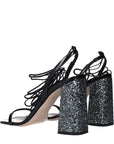 Miu Miu Black Leather Glitter Block Heel Shoes