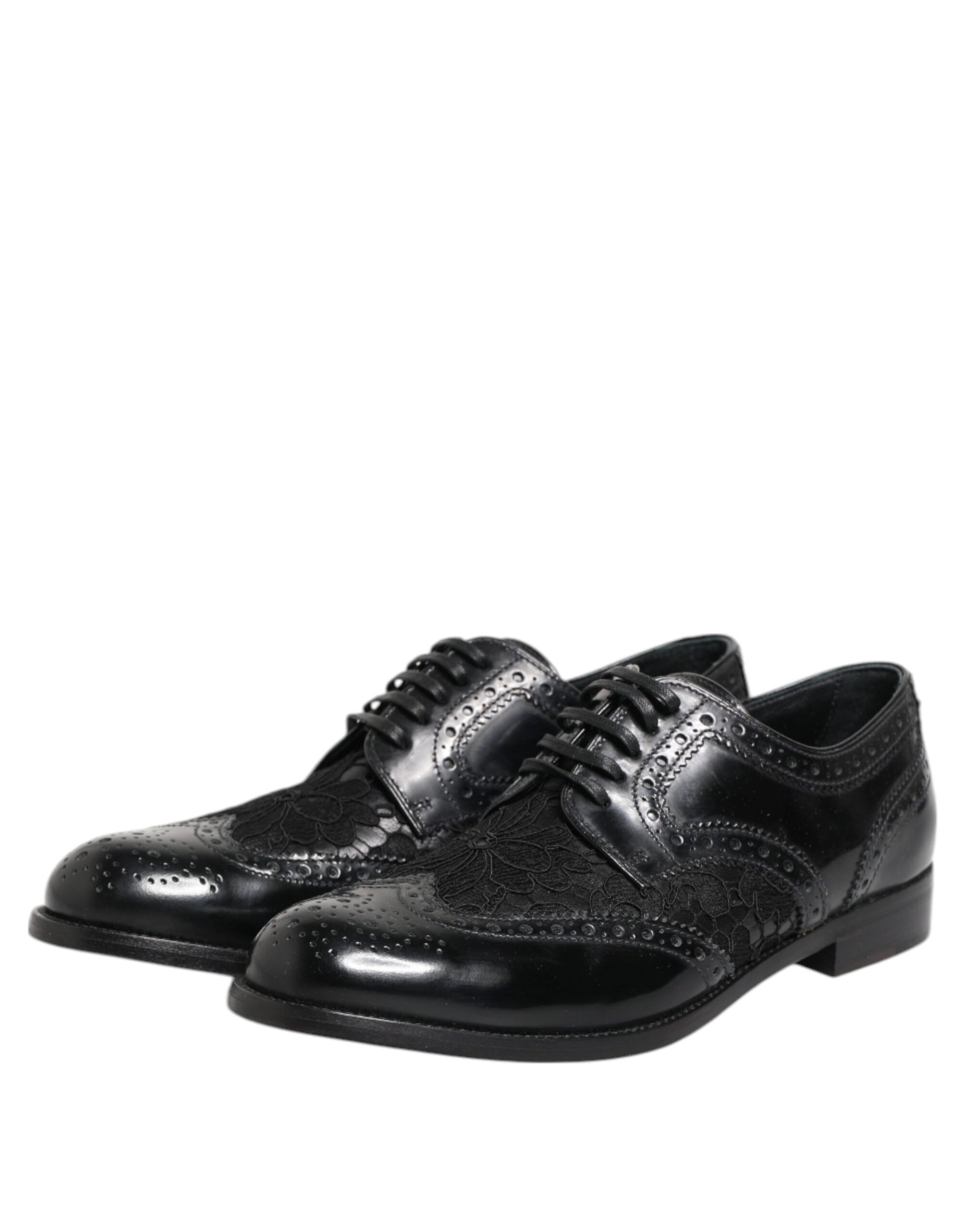 Dolce & Gabbana Black Leather Floral Lace Formal Shoes