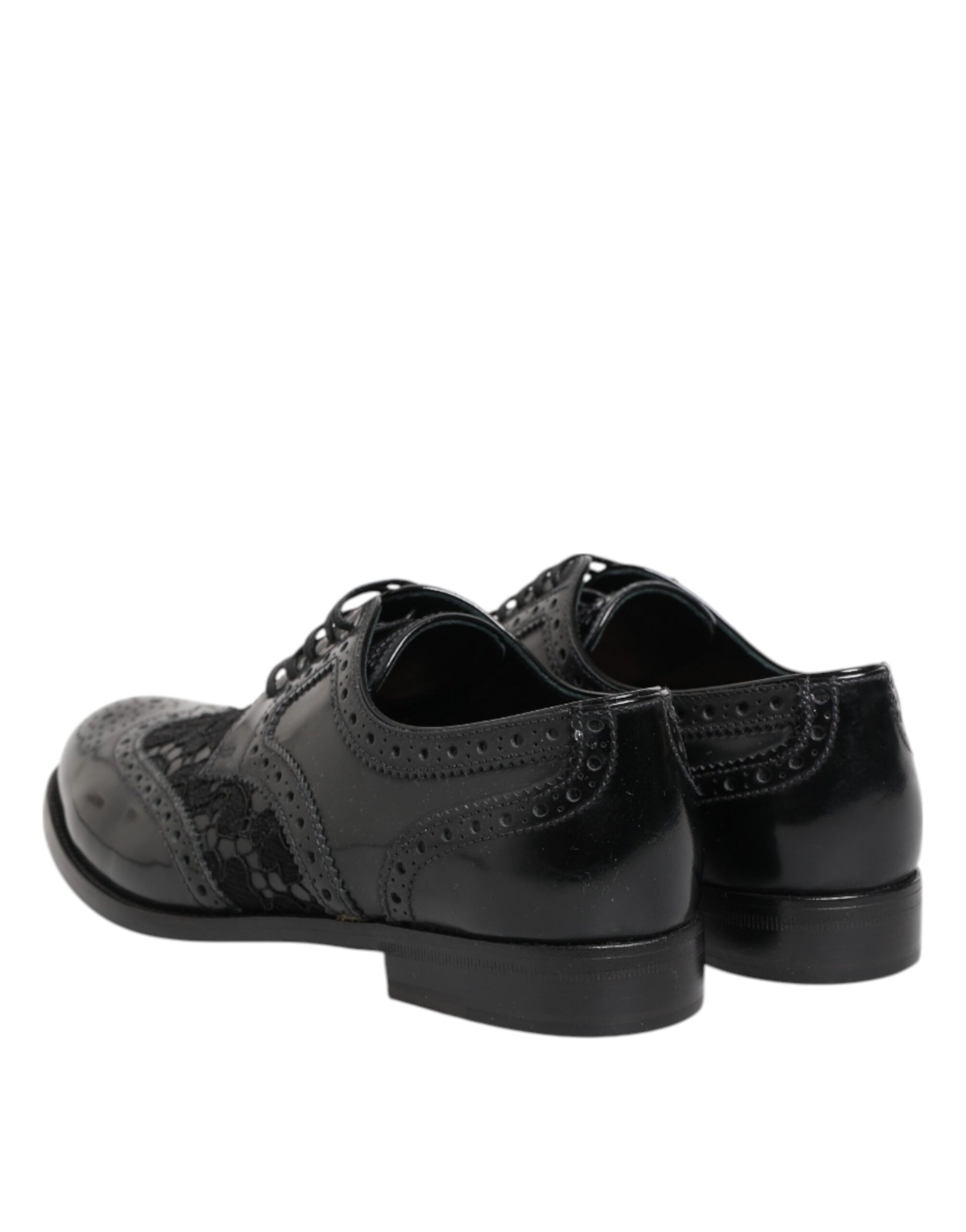 Dolce & Gabbana Black Leather Floral Lace Formal Shoes