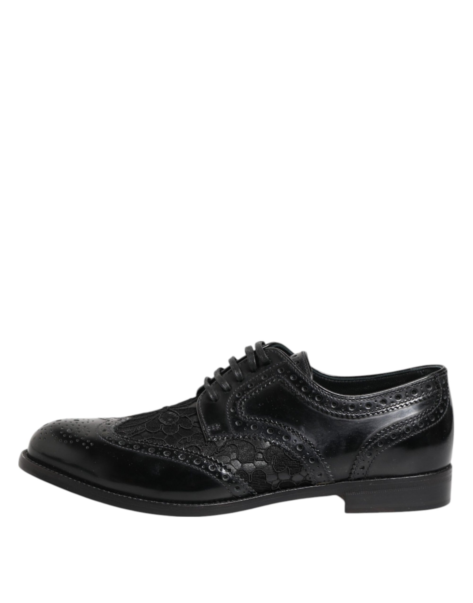 Dolce &amp; Gabbana Black Leather Floral Lace Formal Shoes
