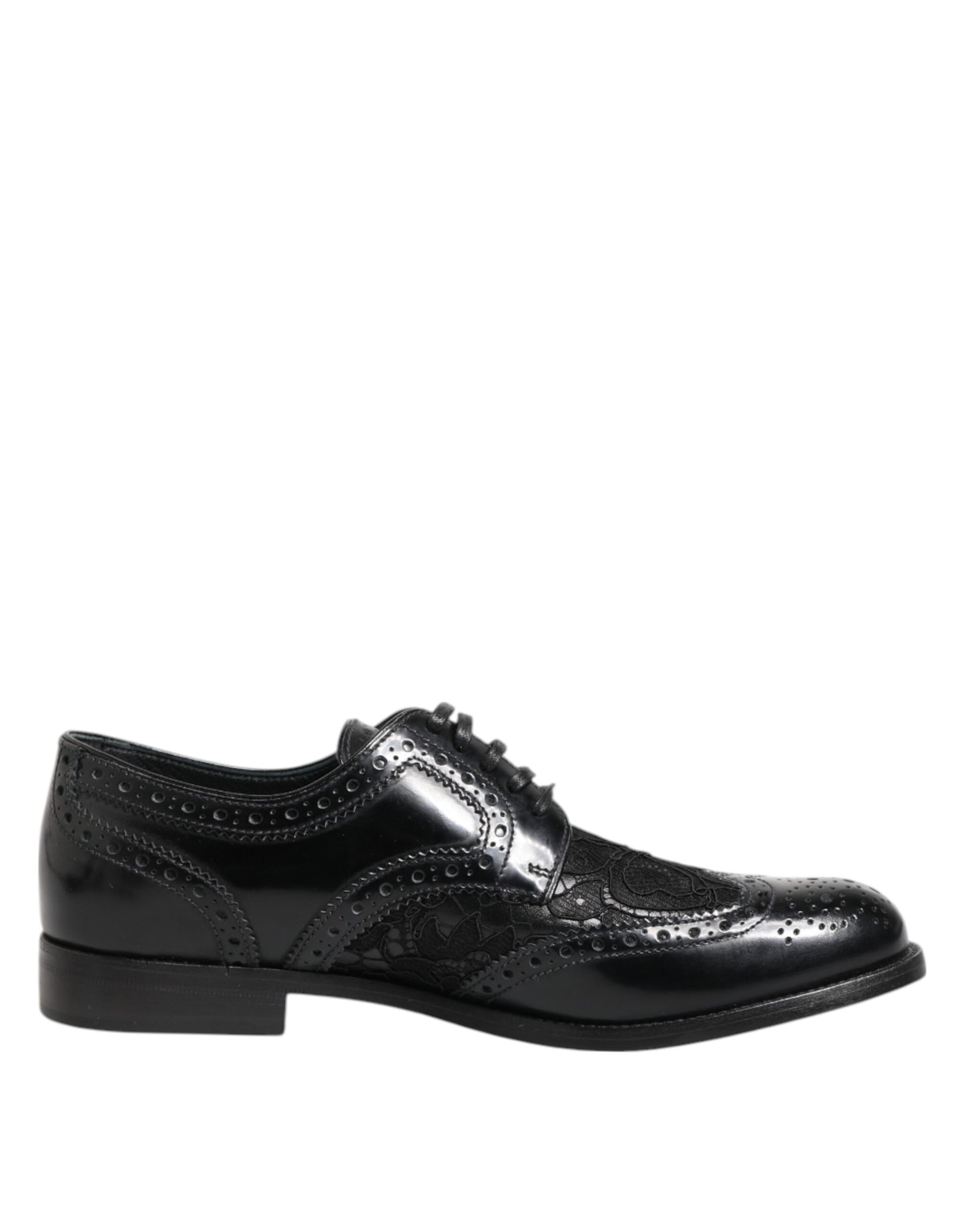 Dolce & Gabbana Black Leather Floral Lace Formal Shoes
