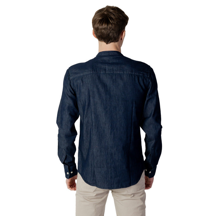 Peuterey Pure Cotton Collarless Button-Down Shirt - dark denim color 