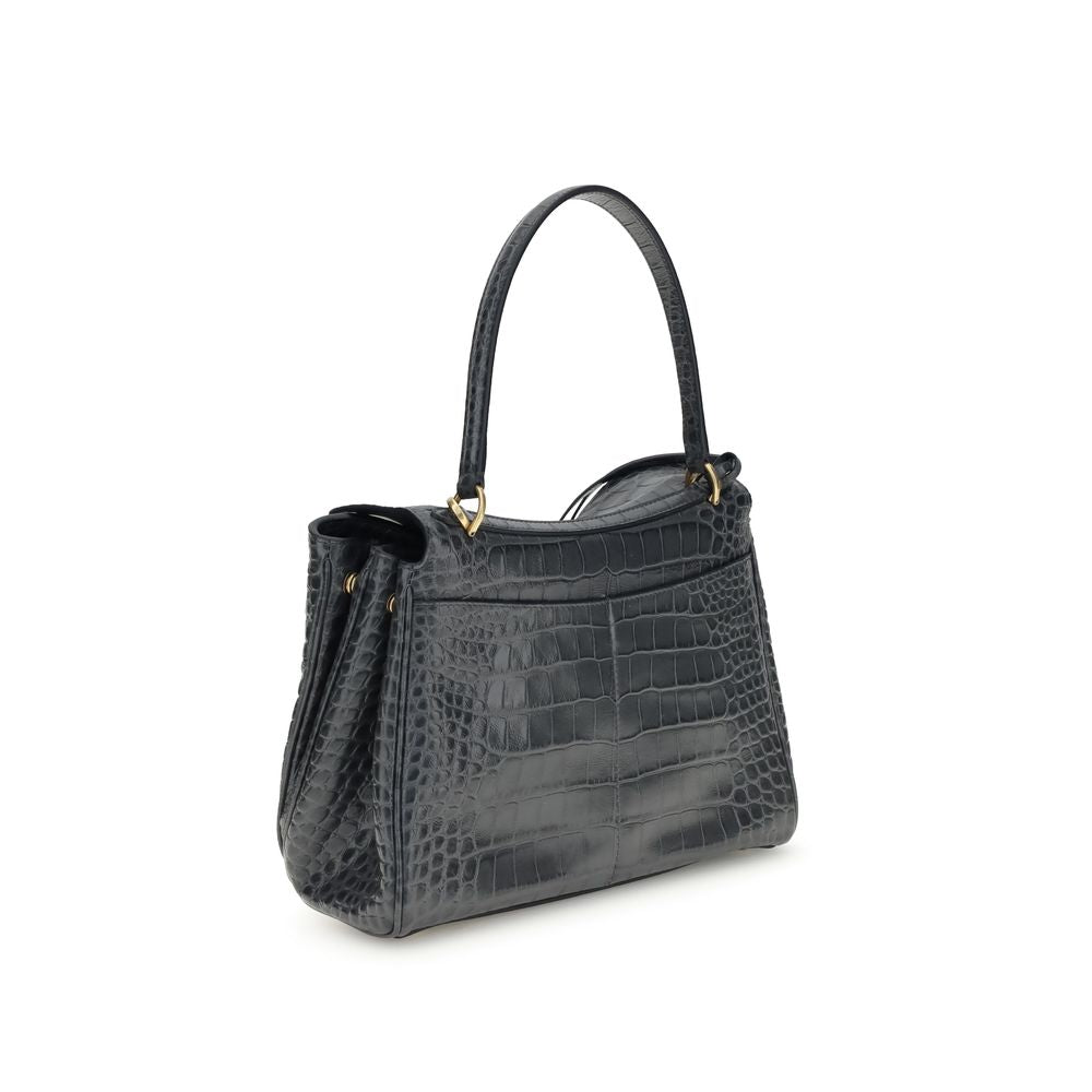 Balenciaga Black Rodeo Crocodile Embossed Small Leather Shoulder Bag