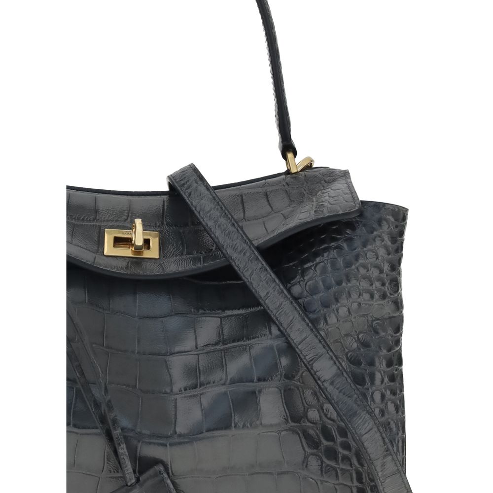 Balenciaga Black Rodeo Crocodile Embossed Small Leather Shoulder Bag