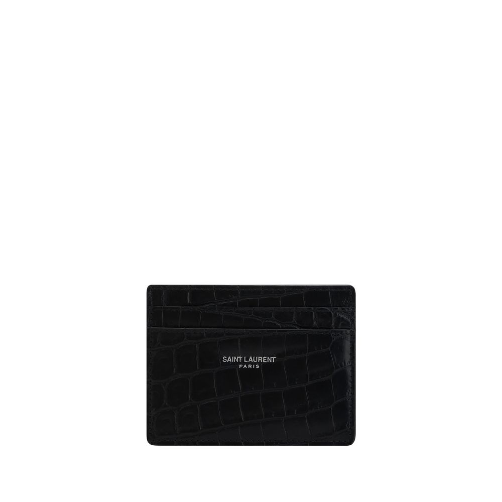 Saint Laurent Crocodile Embossed Black Leather Card Holder