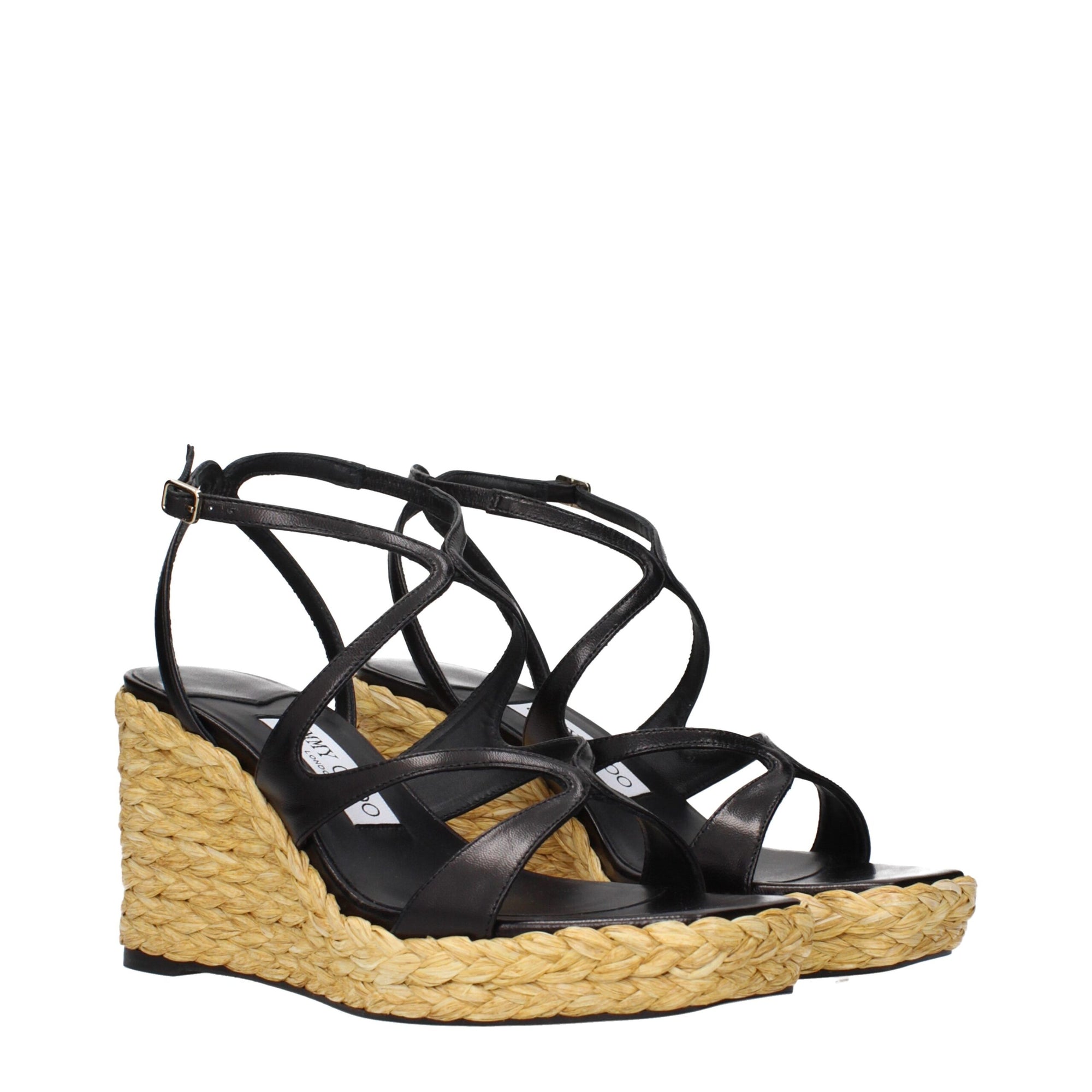 Jimmy Choo Black Leather Espadrille Wedge Sandals
