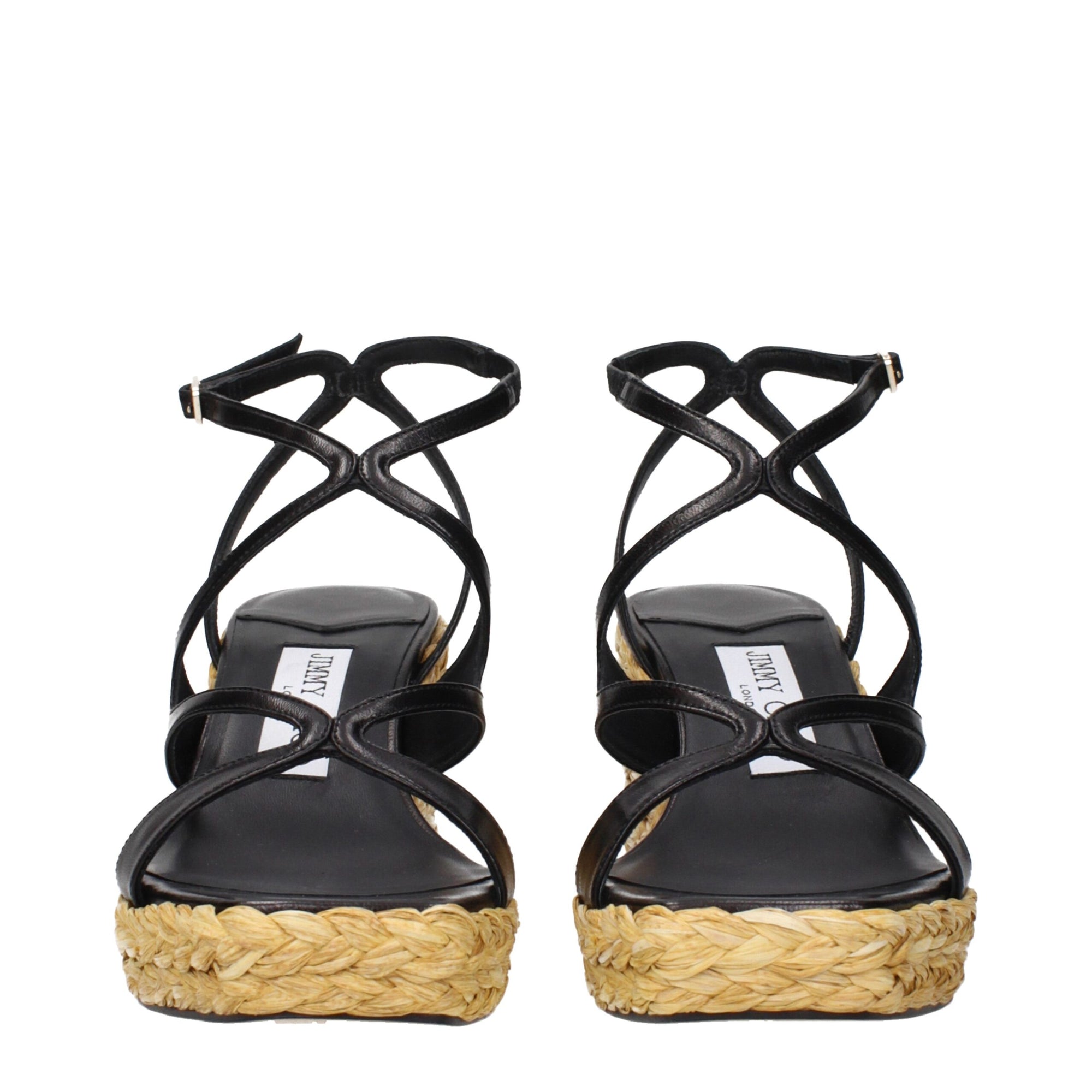 Jimmy Choo Black Leather Espadrille Wedge Sandals