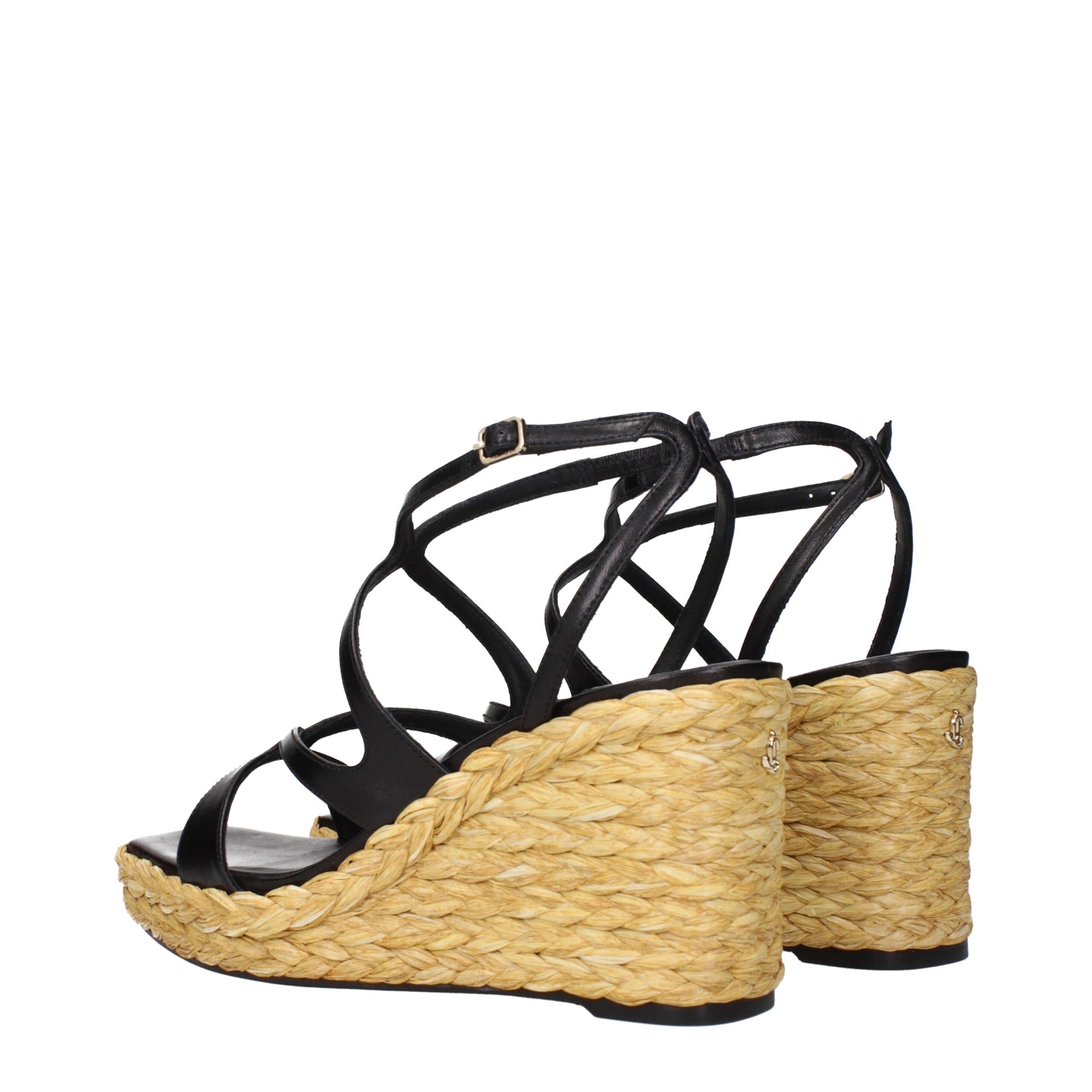 Jimmy Choo Black Leather Espadrille Wedge Sandals