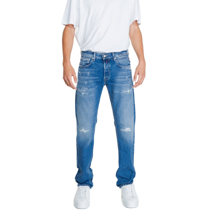 Replay Logo Distressed Ripped Light Wash Regular Fit Jeans