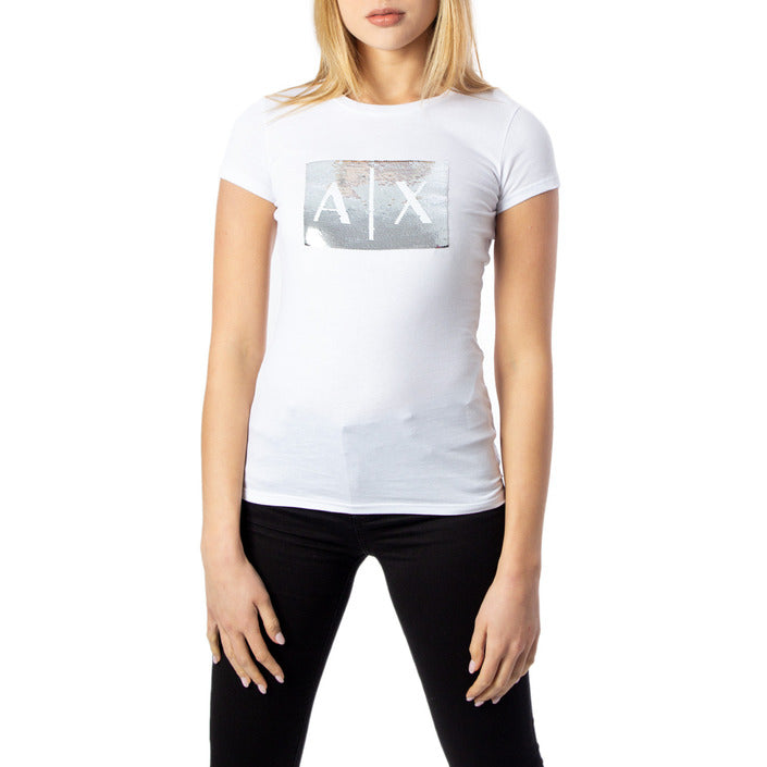 Armani Exchange Sequin Embellished Logo Pure Cotton T-Shirt - White Top With Silver Sequin
