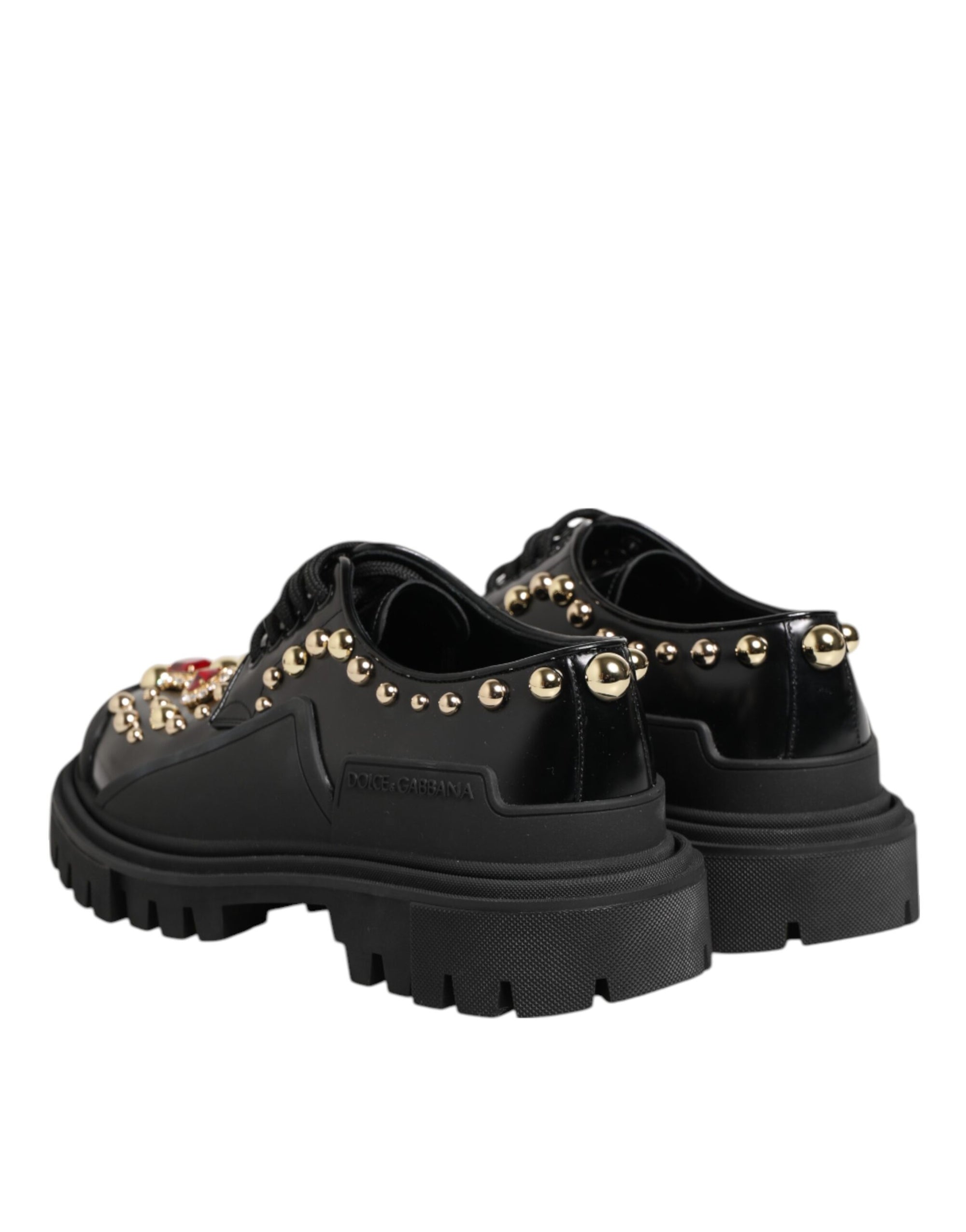 Dolce &amp; Gabbana Black Leather Studded &amp; Crystal Embellished Derby Shoes
