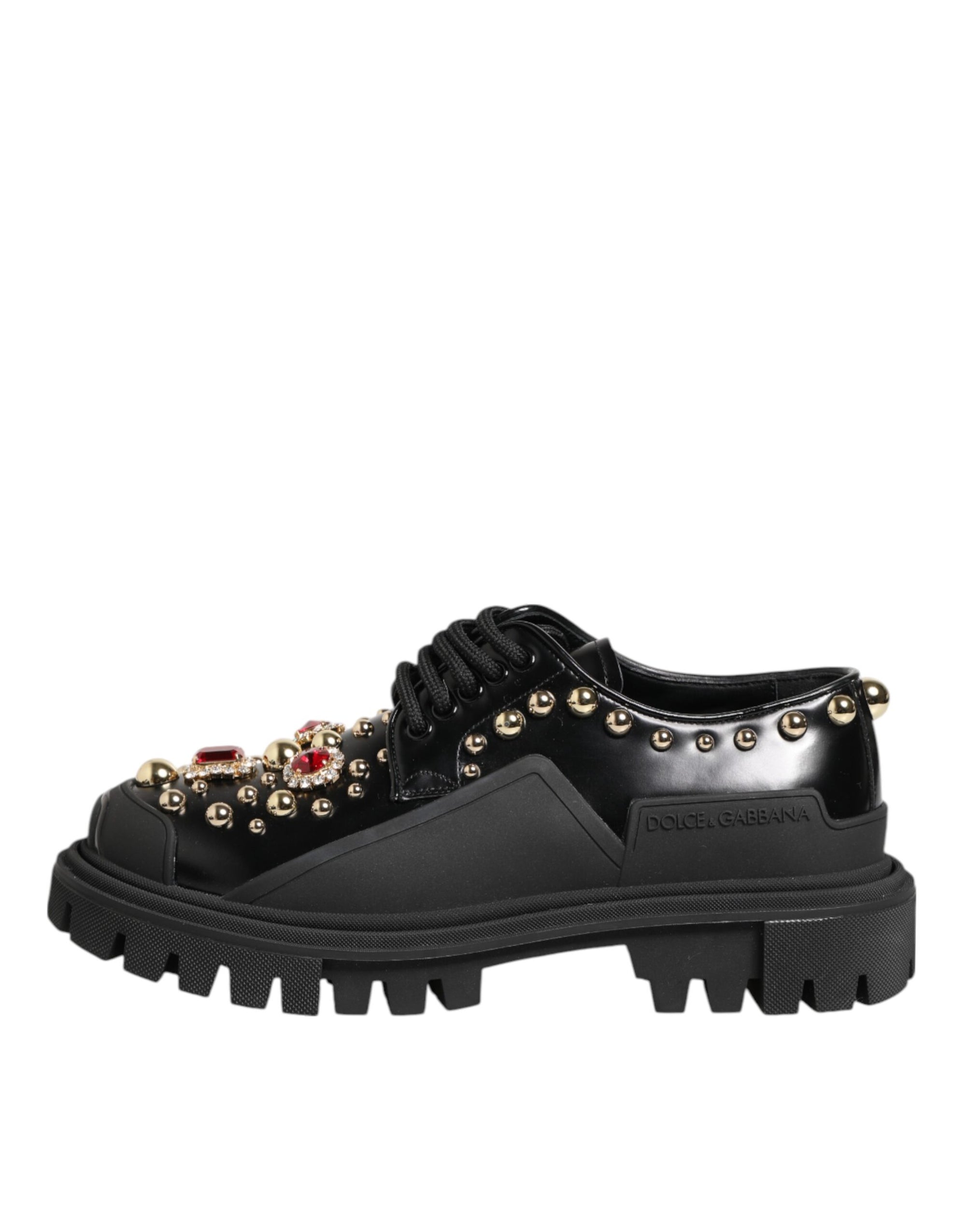 Dolce & Gabbana Black Leather Studded & Crystal Embellished Derby Shoes