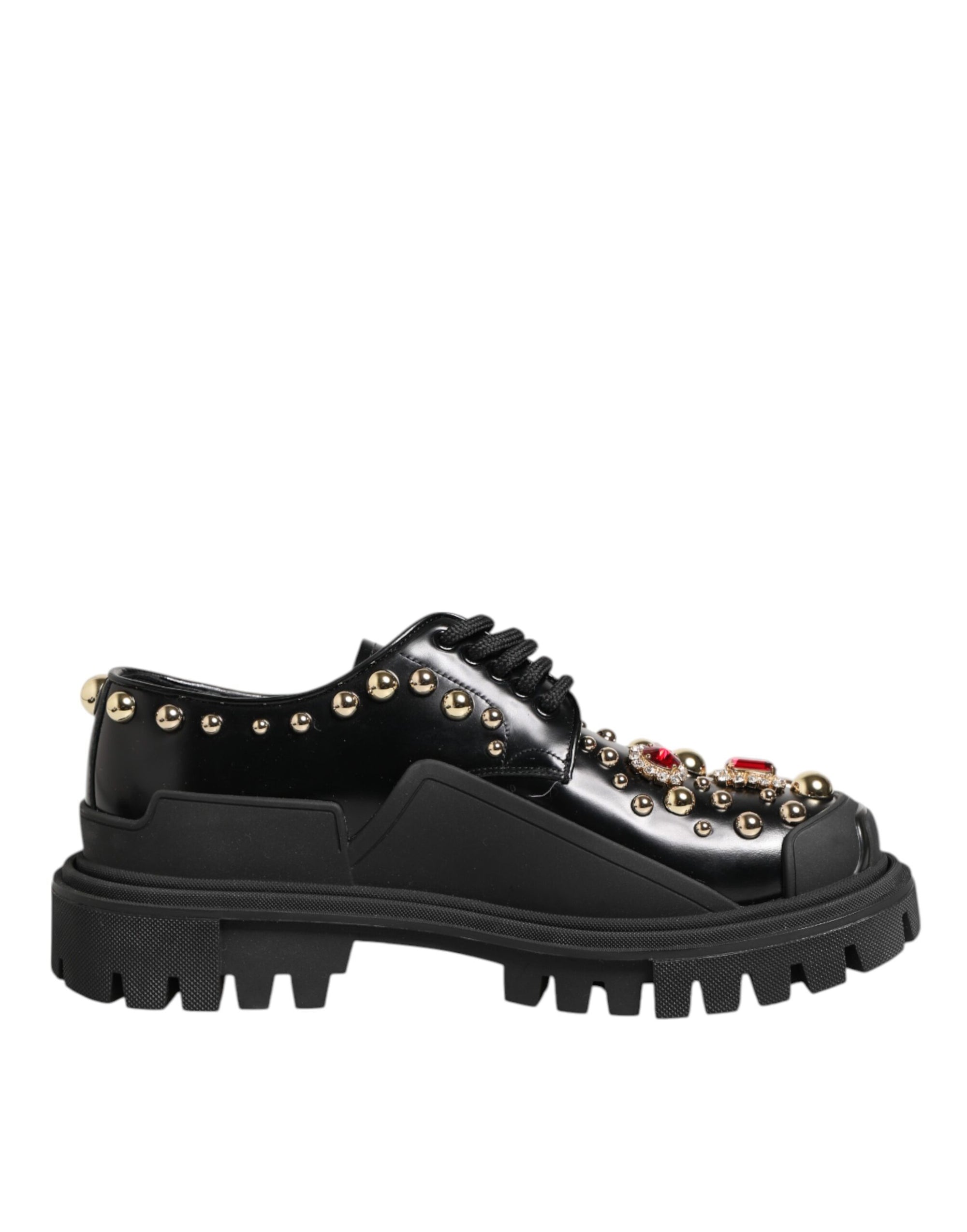 Dolce & Gabbana Black Leather Studded & Crystal Embellished Derby Shoes