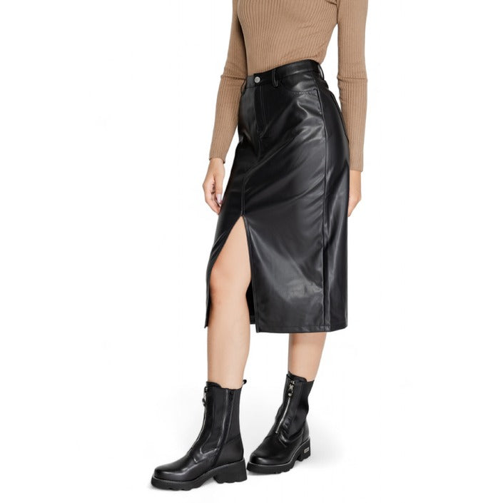 Only Black Midi Skirt Front Slit Leather-Look