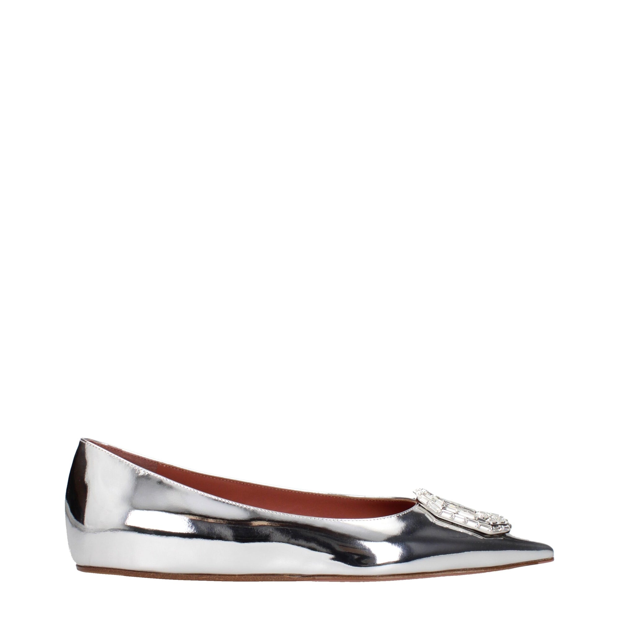 Amina Muaddi Camelia Leather Pointed Toe Ballet Flats - Silver