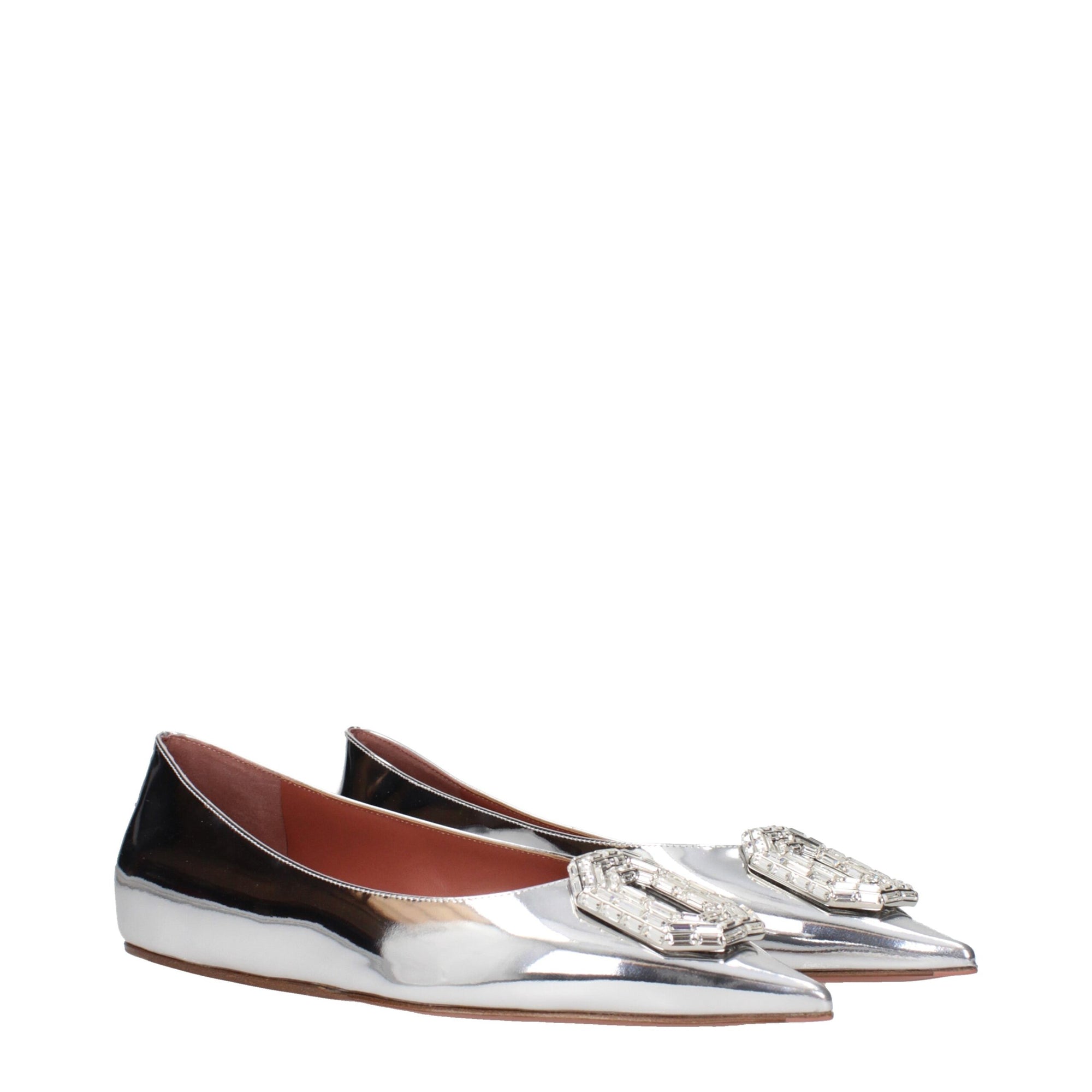 Amina Muaddi Camelia Leather Pointed Toe Ballet Flats - Silver