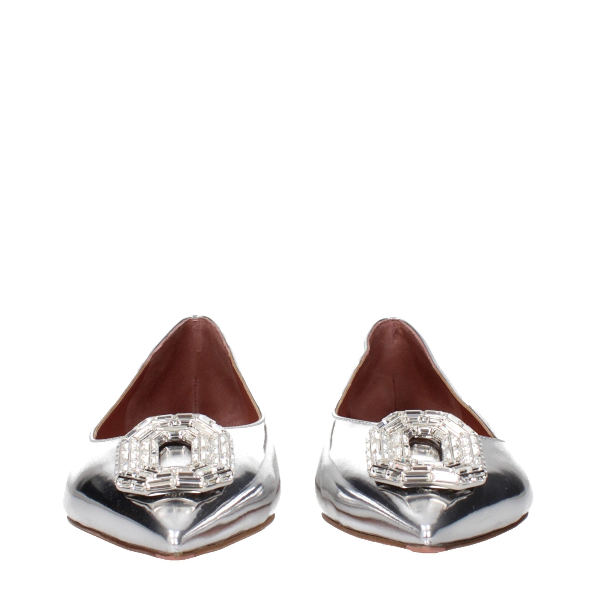 Amina Muaddi Camelia Leather Pointed Toe Ballet Flats - Silver