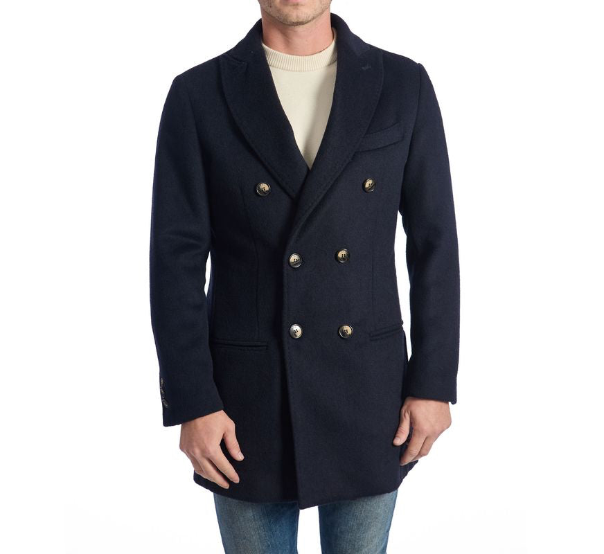 Roberto Pepe Luxury Wool Double-Breasted Coat - Dark Blue