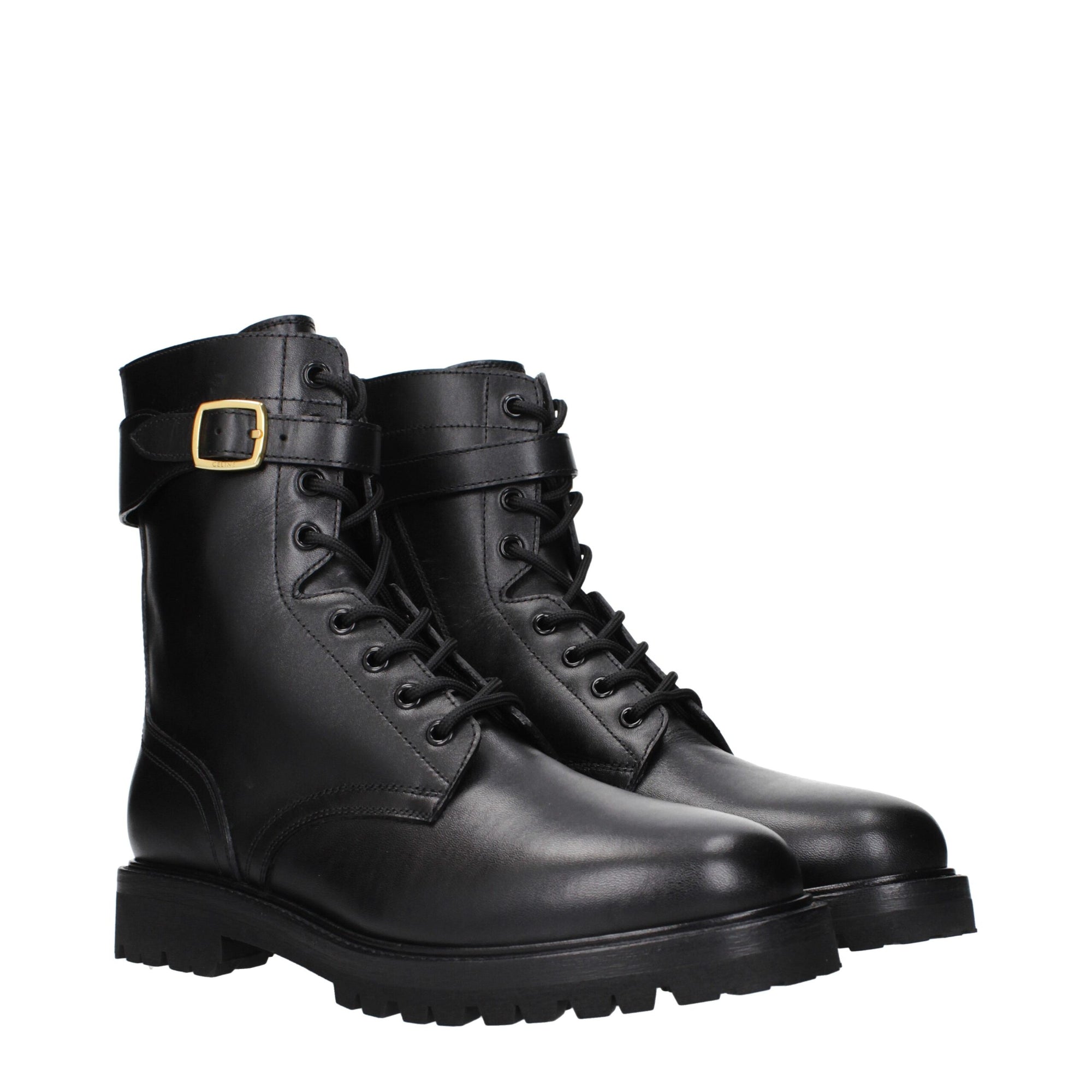 Celine Black Leather Combat-Biker Ankle Boots