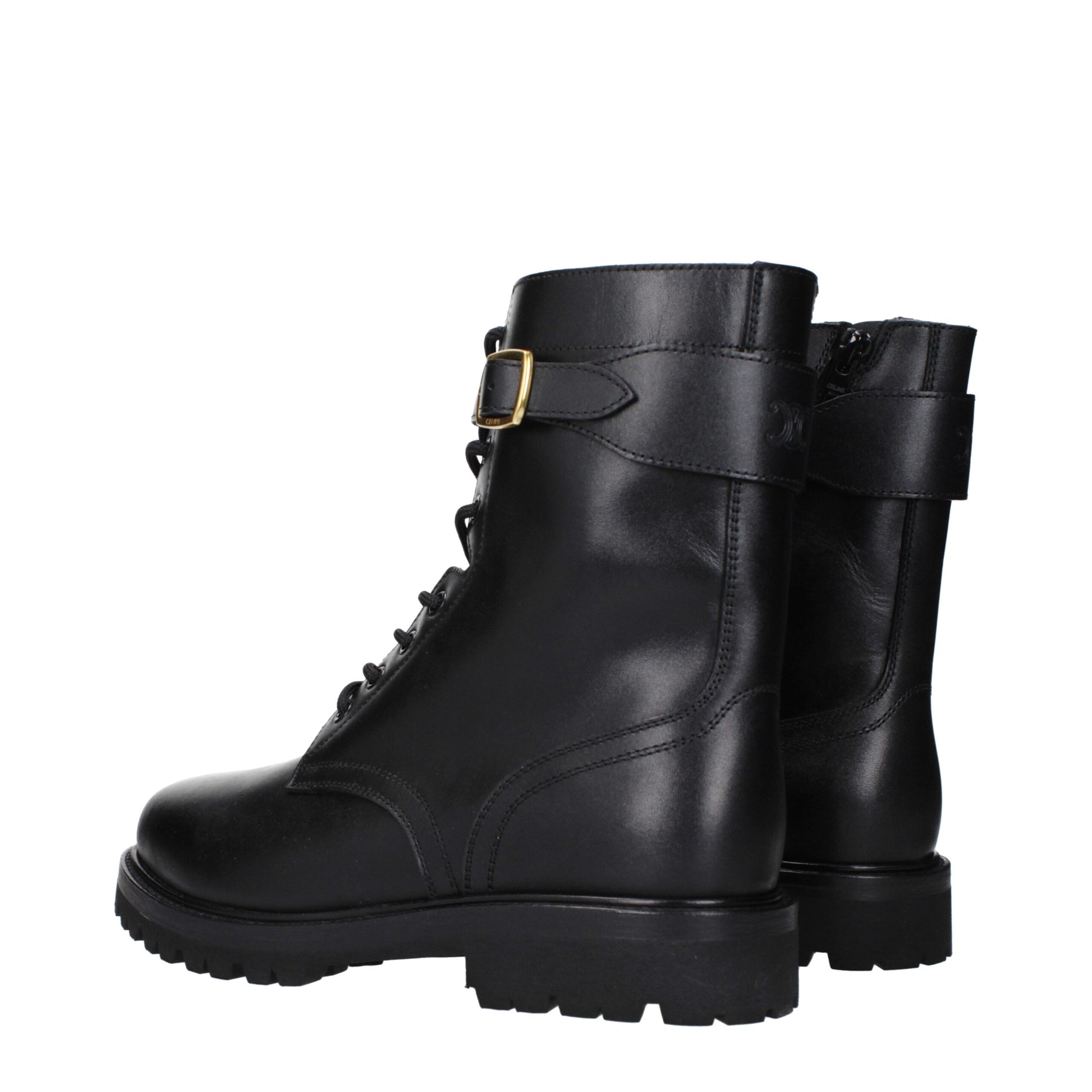 Celine Black Leather Combat-Biker Ankle Boots