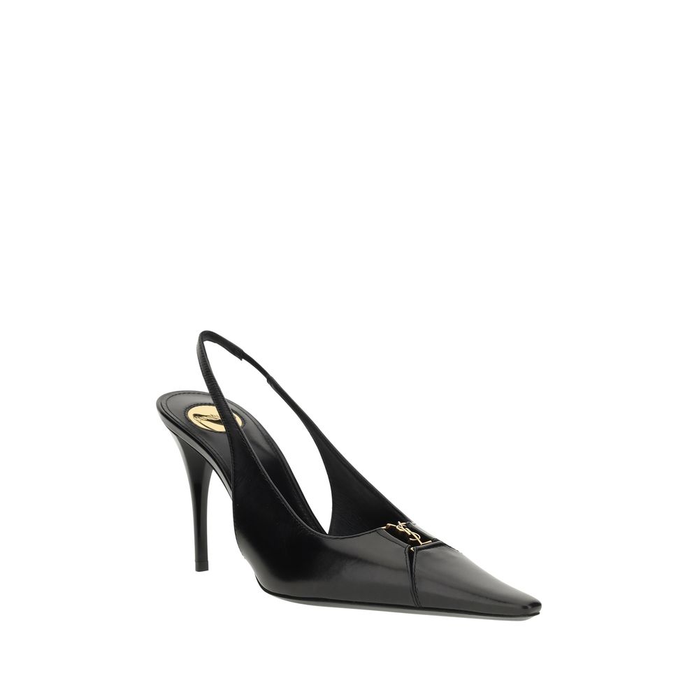 Saint Laurent Black Leather Slingback Heeled Pumps