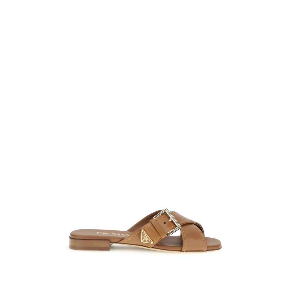 Prada Brown Tan Leather Criss-Cross Flat Sandals