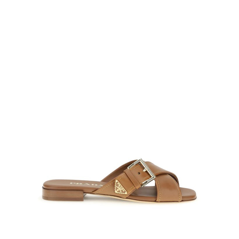 Prada Brown Tan Leather Criss-Cross Flat Sandals