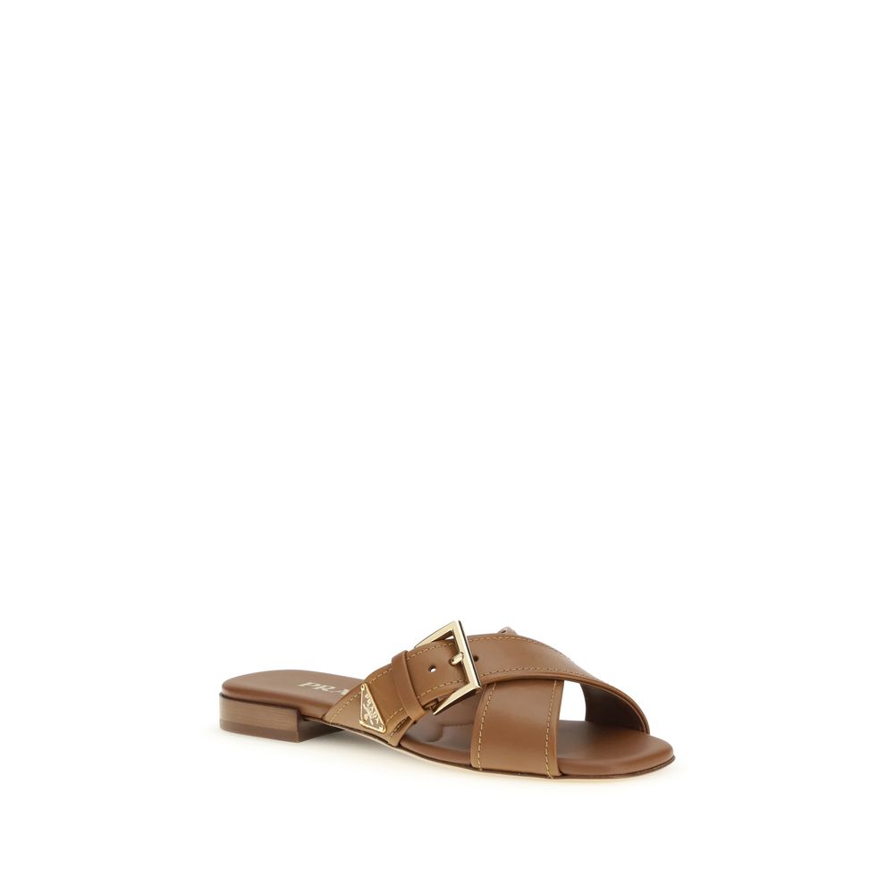 Prada Brown Tan Leather Criss-Cross Flat Sandals