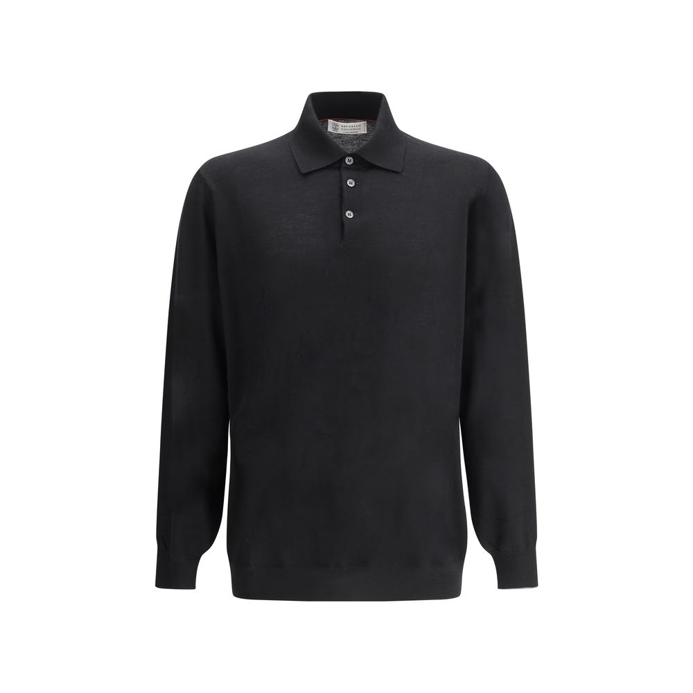 Brunello Cucinelli Wool-Cashmere Long Sleeve Polo Top - Black