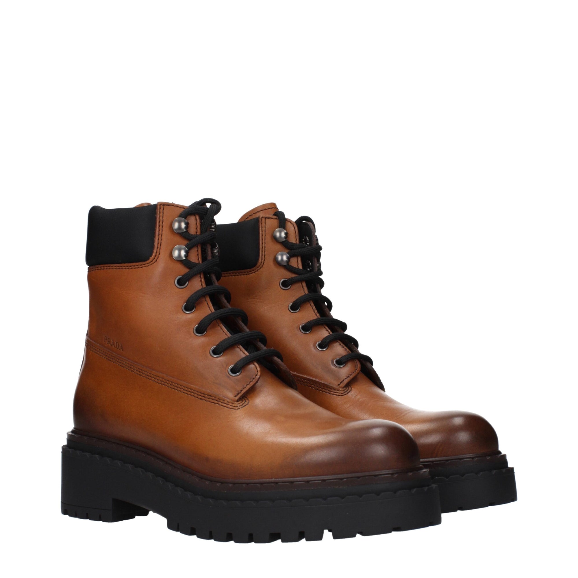 Prada Cognac Leather Combat Boots