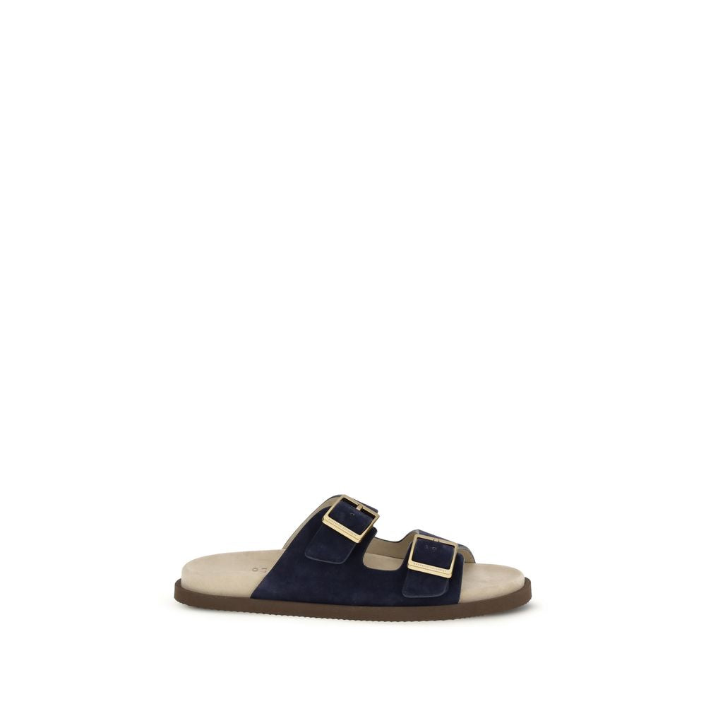 Brunello Cucinelli Black Leather Double Buckle Flat Sandals