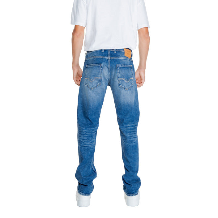 Replay Logo Distressed Ripped Light Wash Regular Fit Jeans