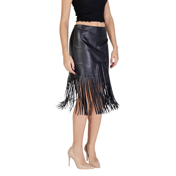 Vila Black Tassel Fringe Trim Midi Skirt Leather-Look