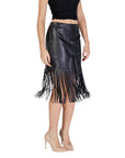 Vila Black Tassel Fringe Trim Midi Skirt Leather-Look