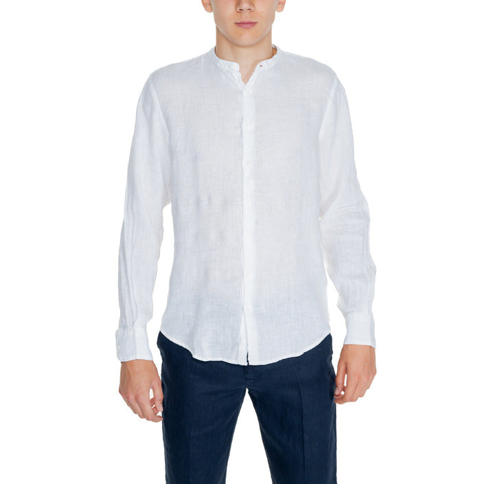 Borghese Minimalist 100% Linen Collarless Shirt - white