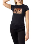 Armani Exchange Sequin Embellished Logo Pure Cotton T-Shirt - Black Top With Rose Gold Sequin