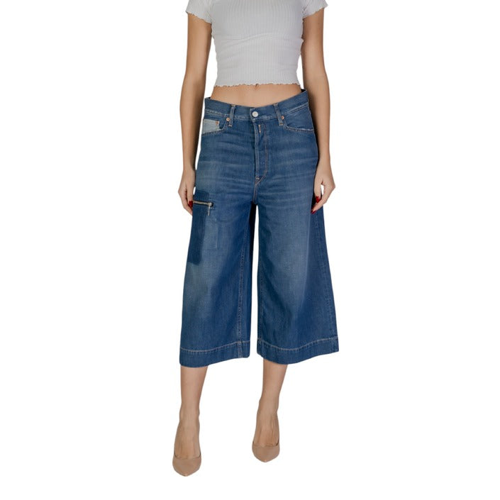 Replay Logo Medium Blue Wide Leg Baggy Pocket Cropped Jeans