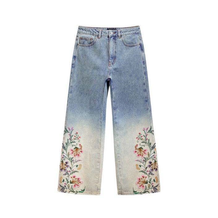 Desigual Bleached & Floral Patterned Ankle Cut Flared Jeans