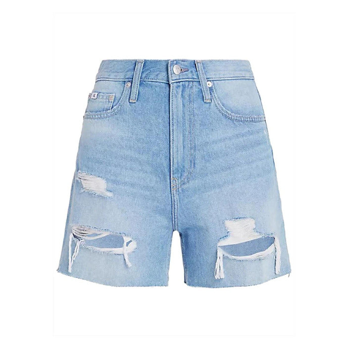 Calvin Klein Jeans Logo Light Wash Ripped &amp; Distressed Raw Hem Denim Shorts